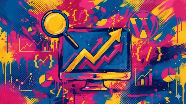 Tela de computador estilizada mostrando gráfico ascendente com setas, lupa de busca e símbolos de código representando otimização SEO