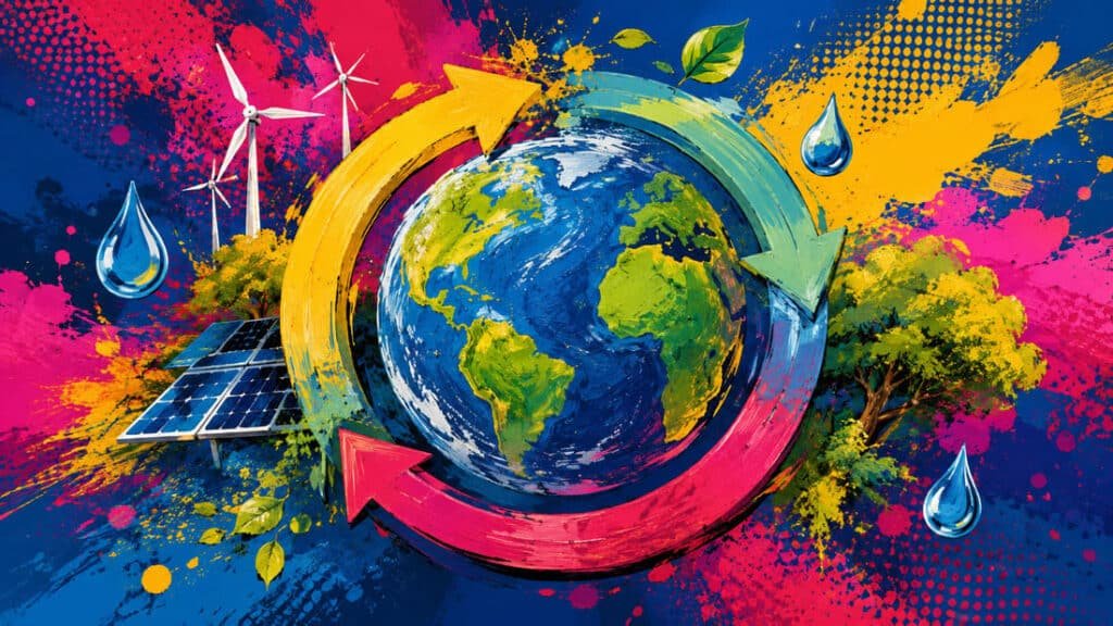 Globo terrestre estilizado com setas circulares representando economia circular, cercado por ícones de energia renovável e natureza