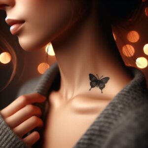 Tatuagem feminina de uma borboleta no pescoço