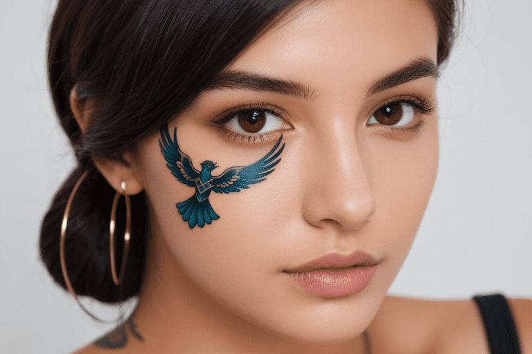 Tatuagem feminina no rosto de uma fênix. Tatuagens