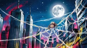 Cidade estilizada à noite com arranha-céus conectados por teias luminosas e pequena aranha sobre um fio sob a lua cheia