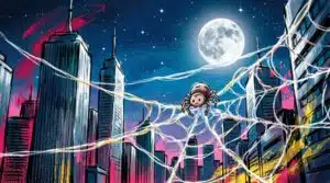 Cidade estilizada à noite com arranha-céus conectados por teias luminosas e pequena aranha sobre um fio sob a lua cheia