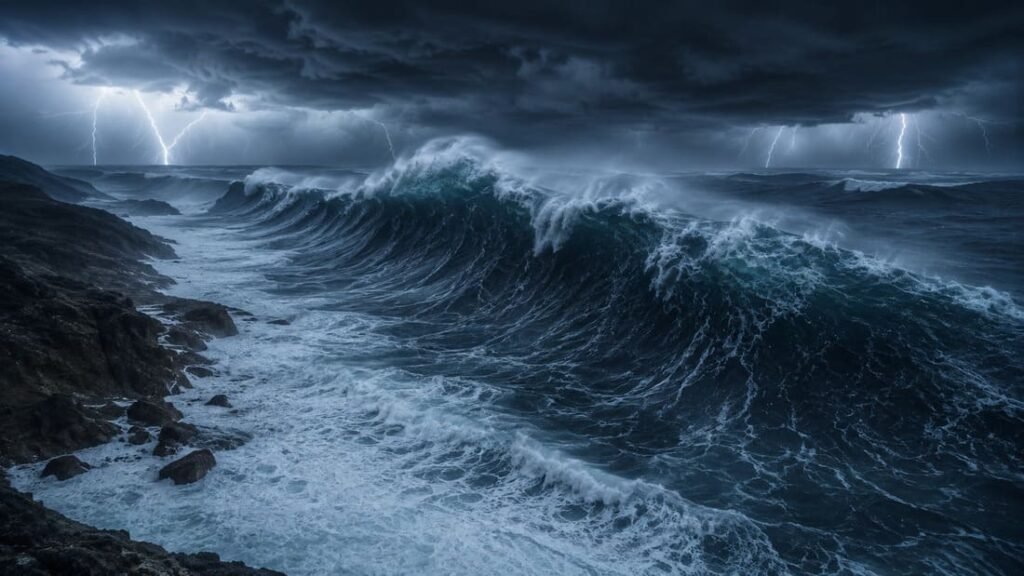 Ondas gigantes de tsunami avançando sobre costa rochosa durante tempestade, vista aérea mostrando escala massiva do fenômeno natural