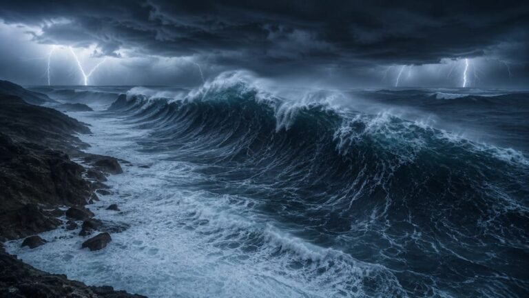 Ondas gigantes de tsunami avançando sobre costa rochosa durante tempestade, vista aérea mostrando escala massiva do fenômeno natural