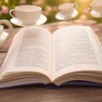 Um livro aberto com o texto original, cercado por xícaras voadoras