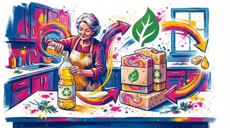 Ilustração vibrante mostrando descarte correto de óleo de cozinha com garrafa PET, sabão reciclado e símbolos de sustentabilidade