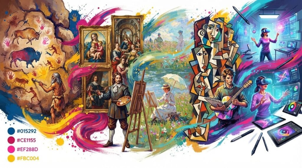 Composição dramática mostrando a linha do tempo da evolução da pintura: das cavernas pré-históricas à arte digital e realidade virtual