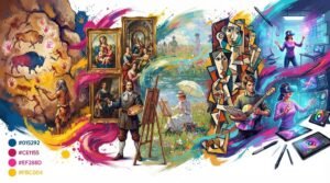 Composição dramática mostrando a linha do tempo da evolução da pintura: das cavernas pré-históricas à arte digital e realidade virtual