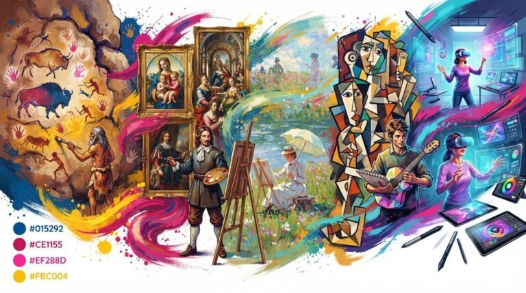 Composição dramática mostrando a linha do tempo da evolução da pintura: das cavernas pré-históricas à arte digital e realidade virtual