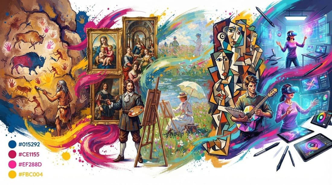 Composição dramática mostrando a linha do tempo da evolução da pintura: das cavernas pré-históricas à arte digital e realidade virtual
