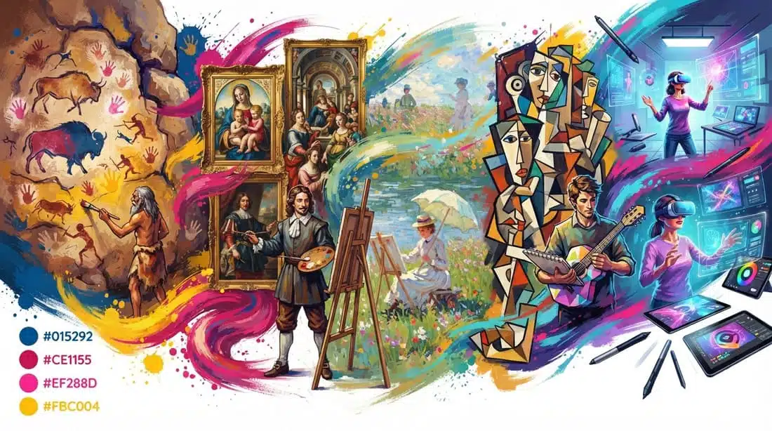 Composição dramática mostrando a linha do tempo da evolução da pintura: das cavernas pré-históricas à arte digital e realidade virtual