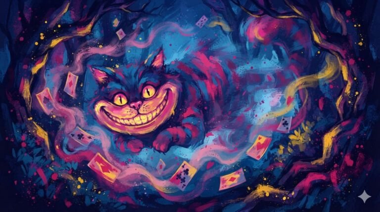 Gato de Cheshire com sorriso icônico flutuando em floresta encantada, corpo desaparecendo gradualmente