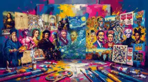 Composição artística majestosa mostrando os 15 maiores mestres da pintura com suas obras icônicas flutuando ao redor