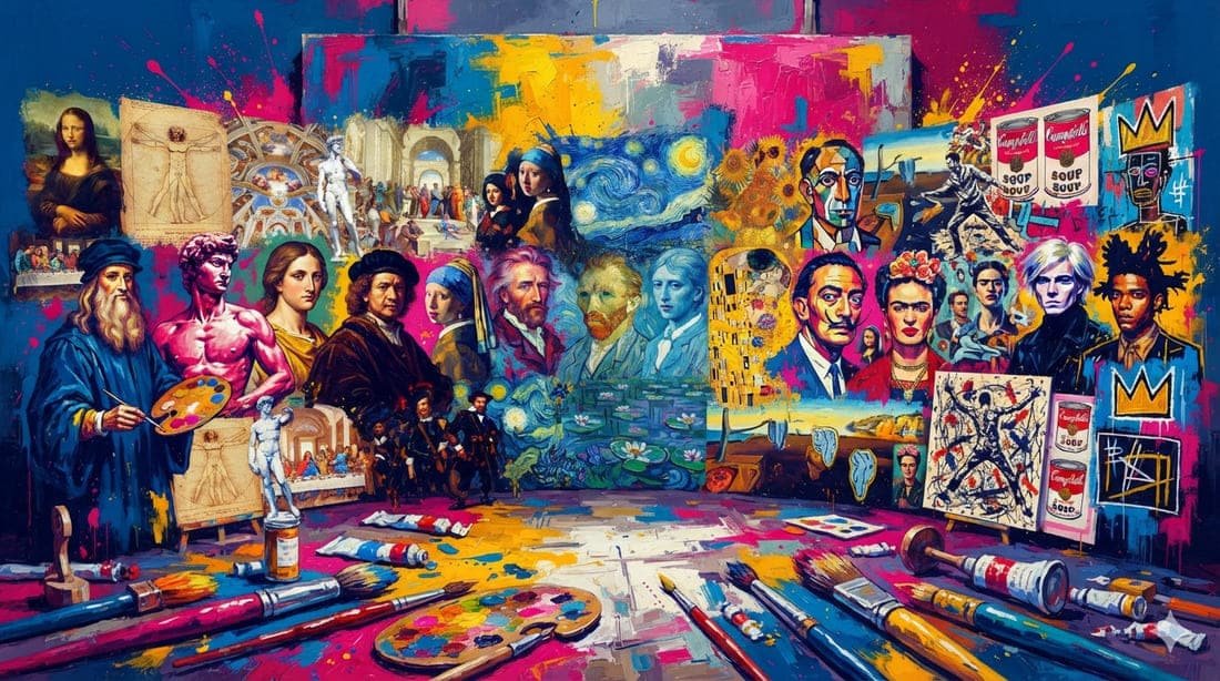 Composição artística majestosa mostrando os 15 maiores mestres da pintura com suas obras icônicas flutuando ao redor