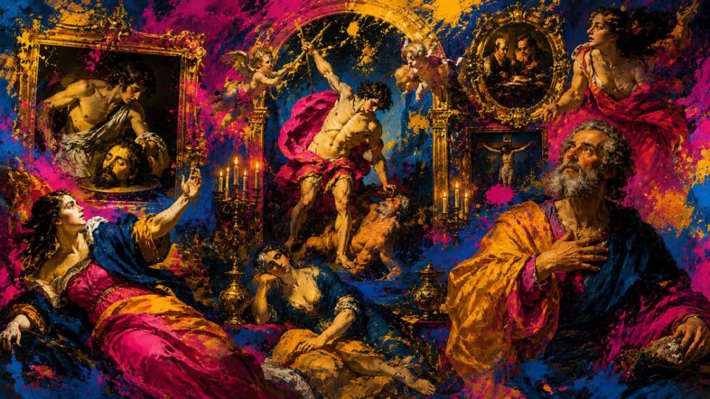 Composição artística mostrando elementos da pintura barroca com iluminação dramática chiaroscuro e cenas teatrais