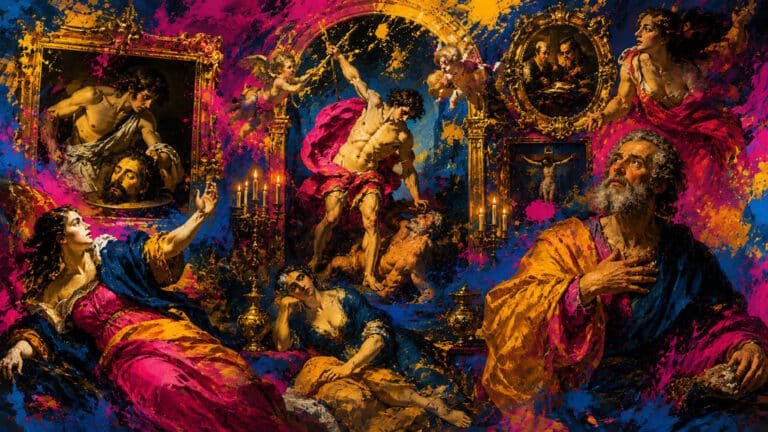 Composição artística mostrando elementos da pintura barroca com iluminação dramática chiaroscuro e cenas teatrais
