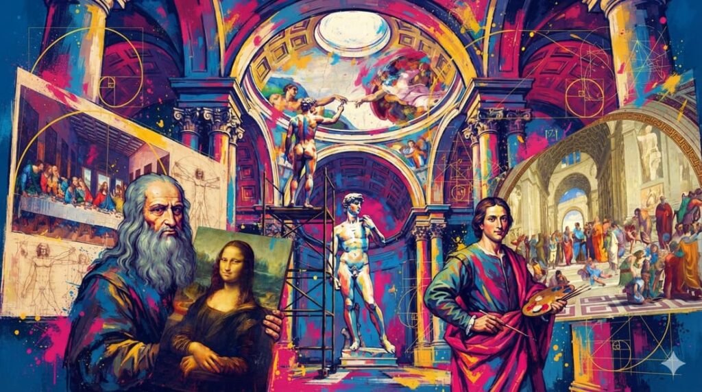 Composição majestosa mostrando os três gigantes do Renascimento: Leonardo com Mona Lisa, Michelangelo com Capela Sistina e Rafael com Escola de Atenas