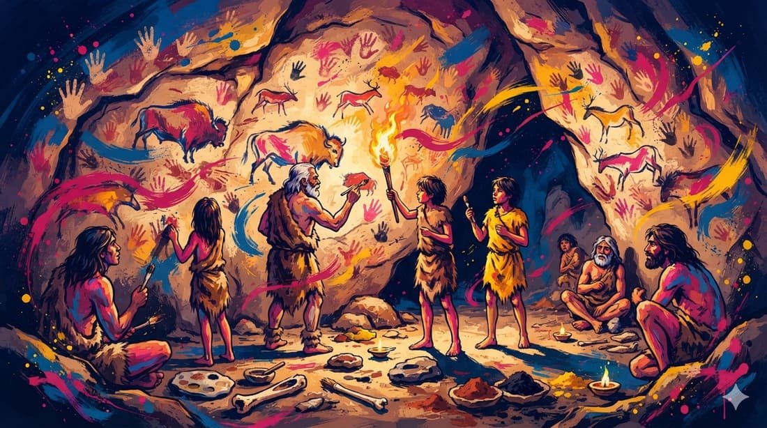 Cena dramática mostrando humanos pré-históricos criando arte rupestre em caverna à luz de tochas