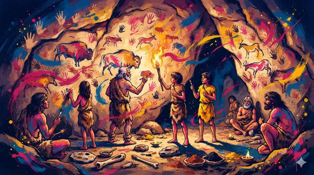 Cena dramática mostrando humanos pré-históricos criando arte rupestre em caverna à luz de tochas