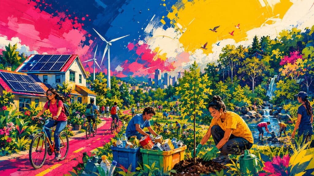 Composição vibrante mostrando diversas ações ambientais: painéis solares, ciclistas, pessoa plantando árvore, reciclagem e turbinas eólicas