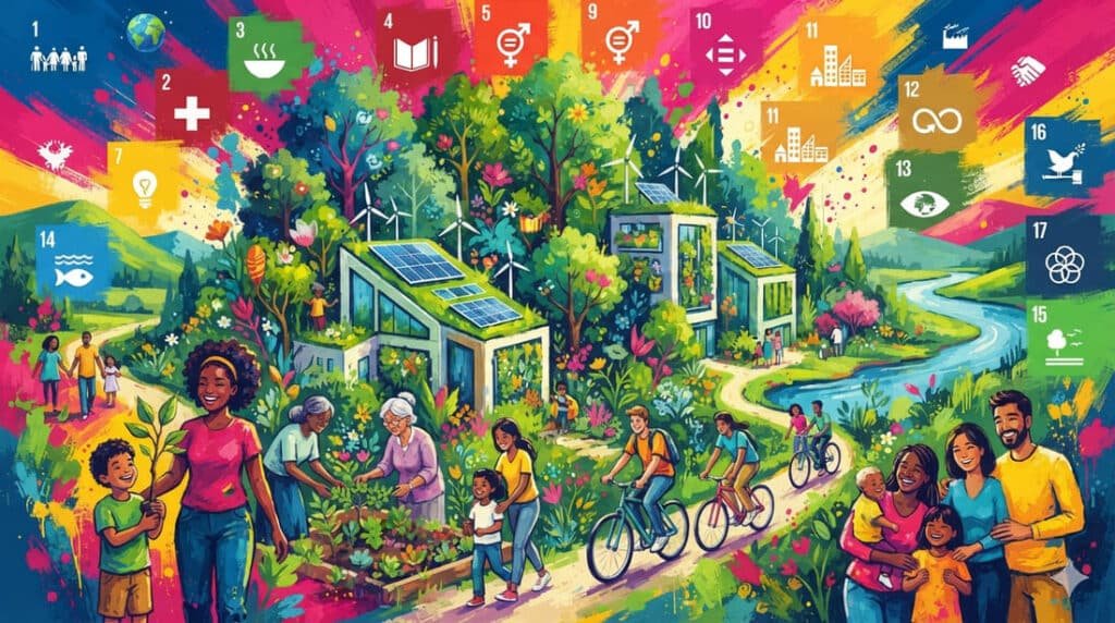 Composição harmônica mostrando três elementos interligados da sustentabilidade: natureza, pessoas e cidades sustentáveis