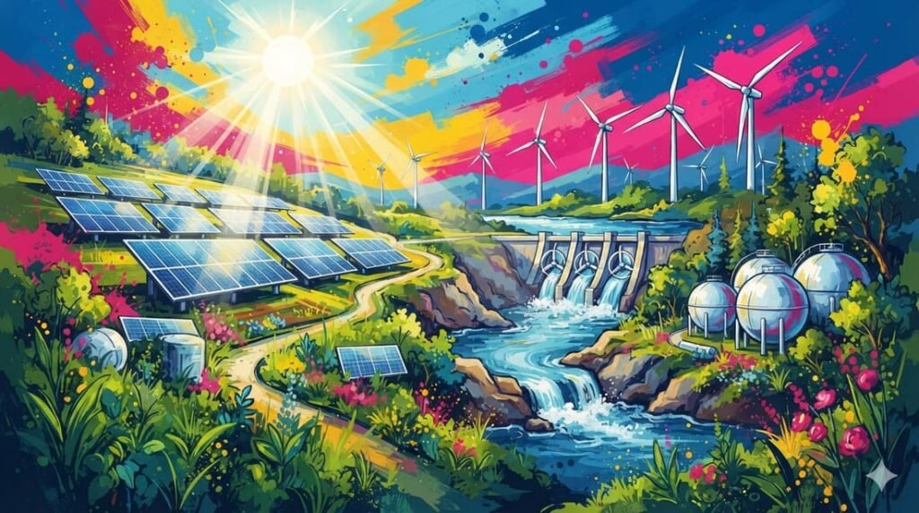 Paisagem futurista integrando painéis solares, turbinas eólicas, hidrelétrica e hidrogênio verde em harmonia com a natureza