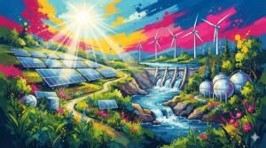 Paisagem futurista integrando painéis solares, turbinas eólicas, hidrelétrica e hidrogênio verde em harmonia com a natureza