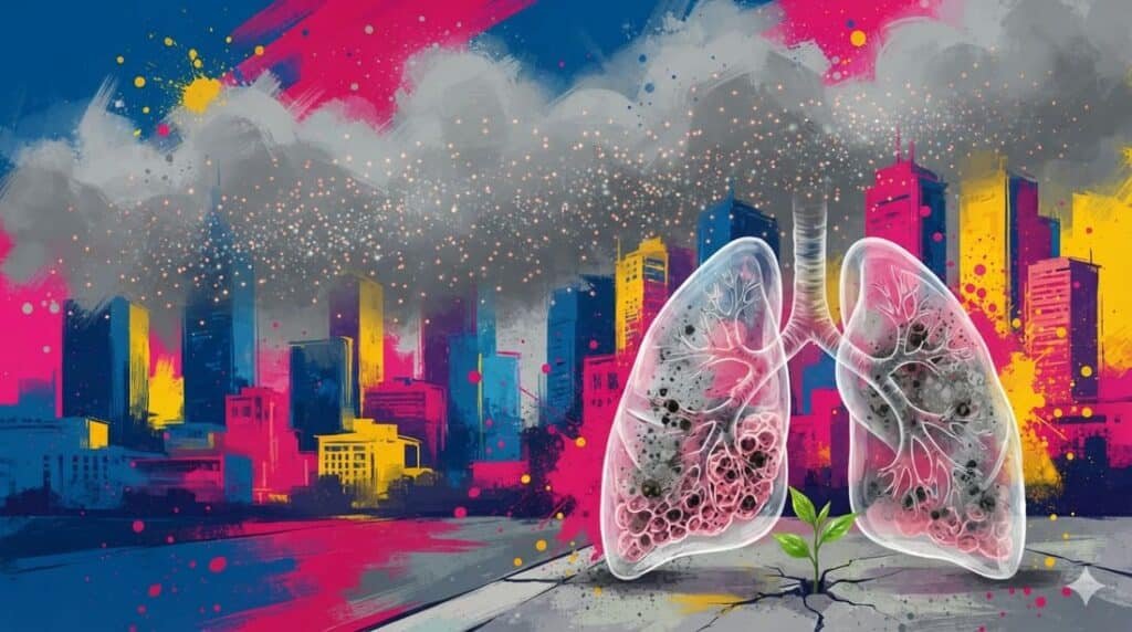 Composição artística mostrando cidade poluída com partículas PM2.5 visíveis e pulmões humanos mostrando danos da poluição