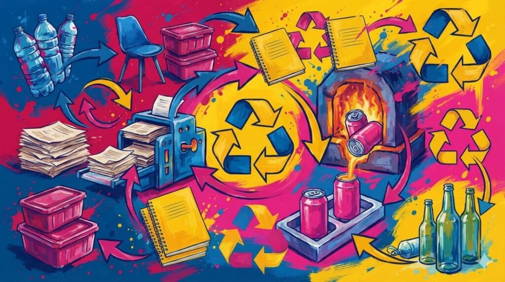 Ilustração colorida mostrando processo de reciclagem com garrafas plásticas, papel, alumínio e vidro sendo transformados em novos produtos