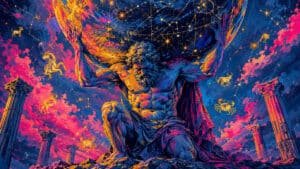 Titã Atlas ajoelhado sustentando esfera celeste com constelações, em estilo dramático com cores vibrantes