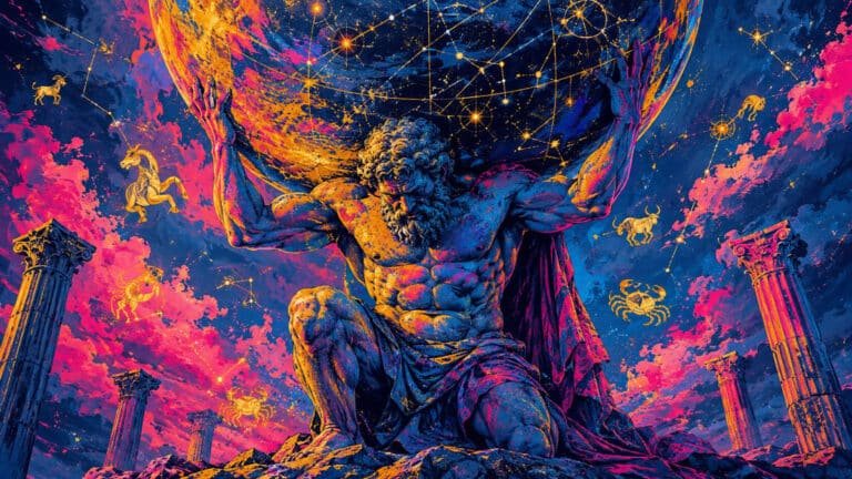 Titã Atlas ajoelhado sustentando esfera celeste com constelações, em estilo dramático com cores vibrantes