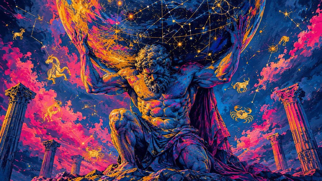 Titã Atlas ajoelhado sustentando esfera celeste com constelações, em estilo dramático com cores vibrantes