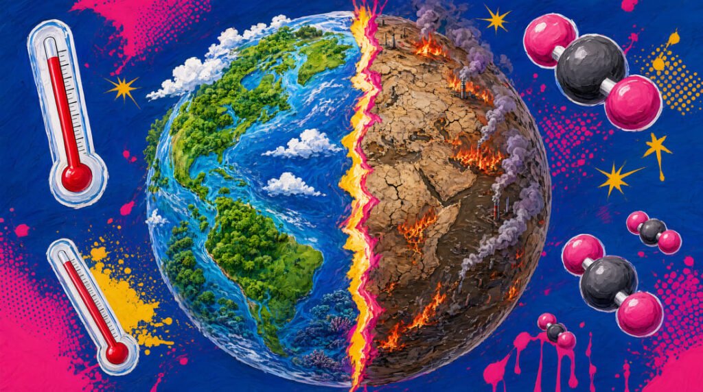 Planeta Terra dividido ao meio mostrando lado saudável versus lado afetado pelas mudanças climáticas