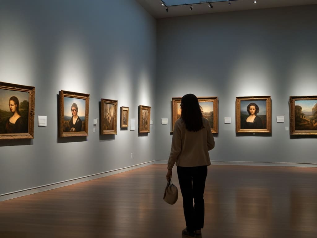 Imagem de uma pessoa olhando para uma exposição de quadros dentro de um museu