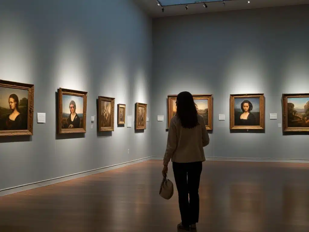 Imagem de uma pessoa olhando para uma exposição de quadros dentro de um museu