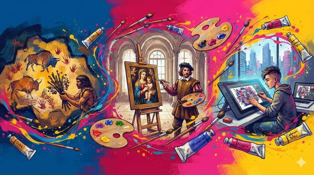 Evolução da pintura através da história: das cavernas pré-históricas ao tablet digital moderno