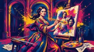 Pintora barroca trabalhando em seu cavalete com iluminação dramática chiaroscuro e elementos simbólicos