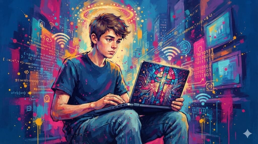 Adolescente moderno com laptop mostrando imagens religiosas, cercado por elementos digitais e halo de luz