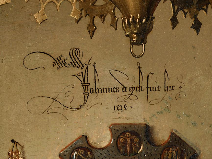 Assinatura-de-Jan-van-Eyck O casal Arnolfini. Detalhe da assinatura de Jan van Eyck.