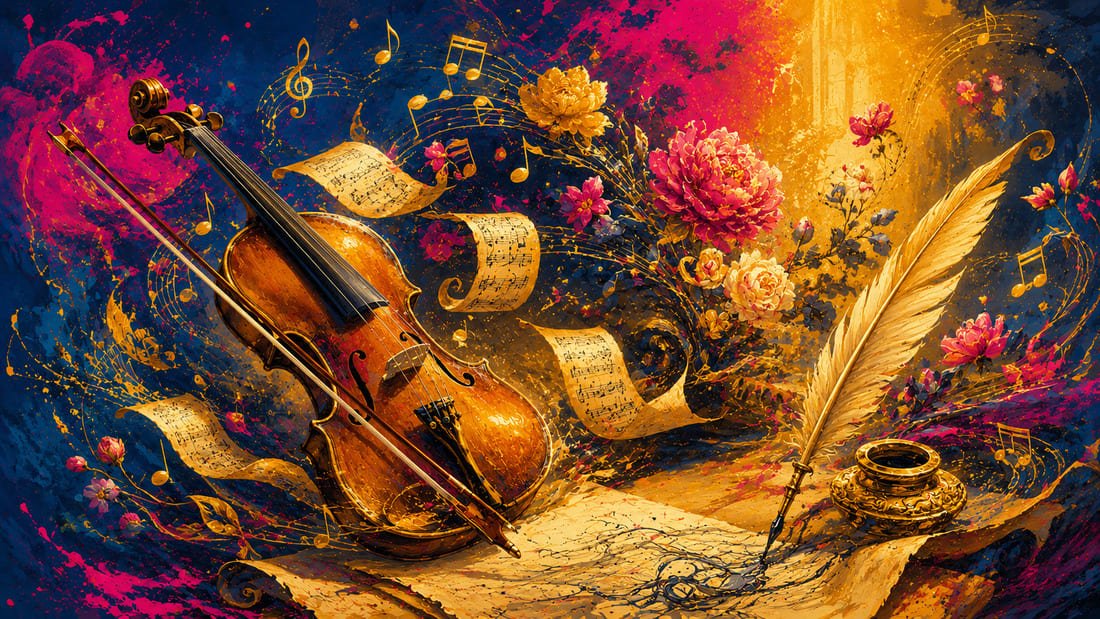 Violino barroco e partitura flutuando em luz dourada com notas musicais se transformando em flores delicadas