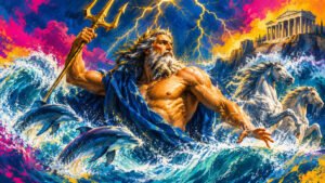 Poseidon emergindo de ondas tempestuosas com tridente dourado, golfinhos e cavalos ao redor