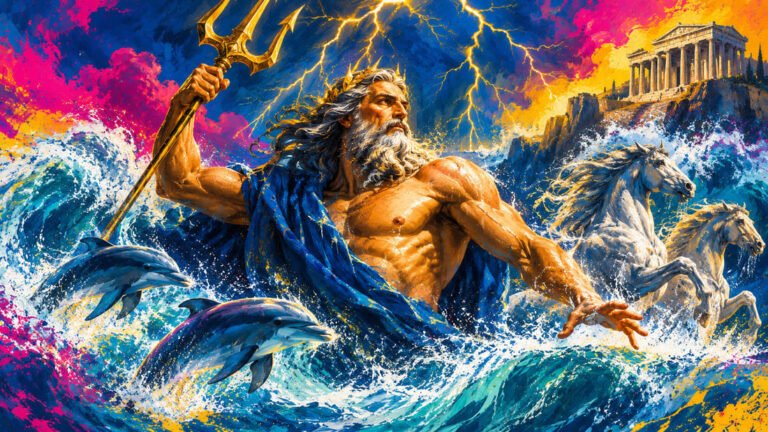 Poseidon emergindo de ondas tempestuosas com tridente dourado, golfinhos e cavalos ao redor