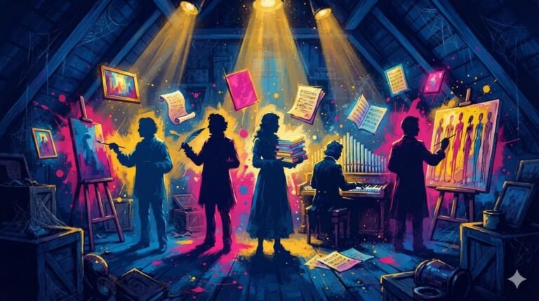 Cinco silhuetas de artistas esquecidos em sótão escuro iluminados por holofotes dourados do futuro