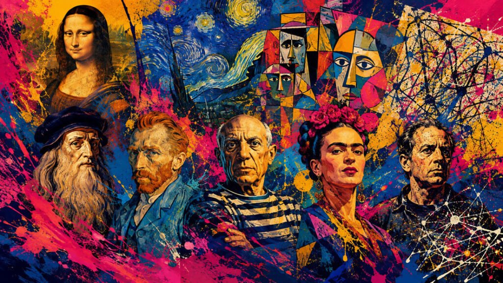 Composição com silhuetas dos 5 artistas revolucionários e suas obras icônicas flutuando ao redor