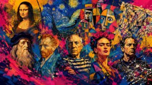 Composição com silhuetas dos 5 artistas revolucionários e suas obras icônicas flutuando ao redor