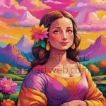 Mona Lisa natural, paisagem vibrante, flores, montanhas, sorriso enigmático, arte digital, releitura moderna
