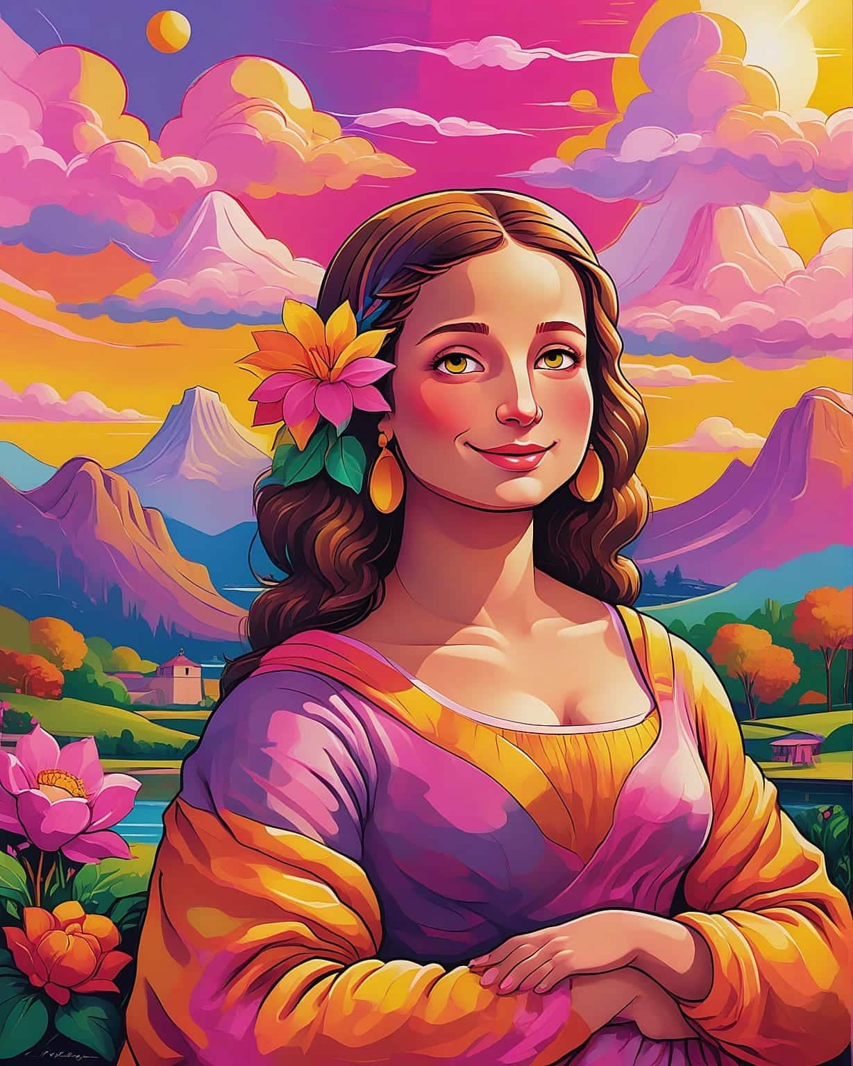 Mona Lisa natural, paisagem vibrante, flores, montanhas, sorriso enigmático, arte digital, releitura moderna