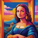 Mona Lisa em estilo psicodélico, cores vibrantes, releitura moderna, sorriso enigmático, arte digital, blog de arte.