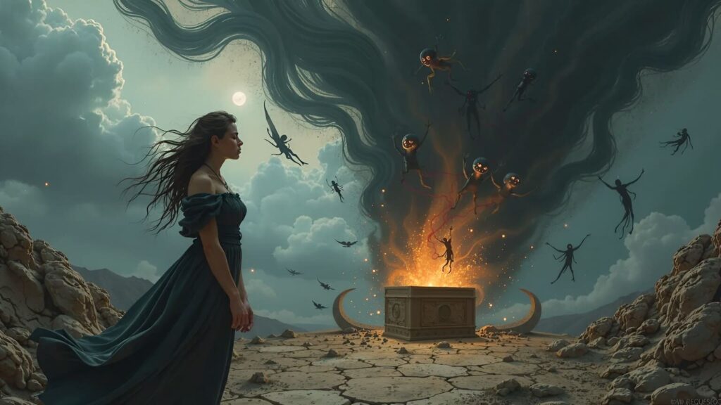 Pandora abrindo a caixa na mitologia grega com males escapando