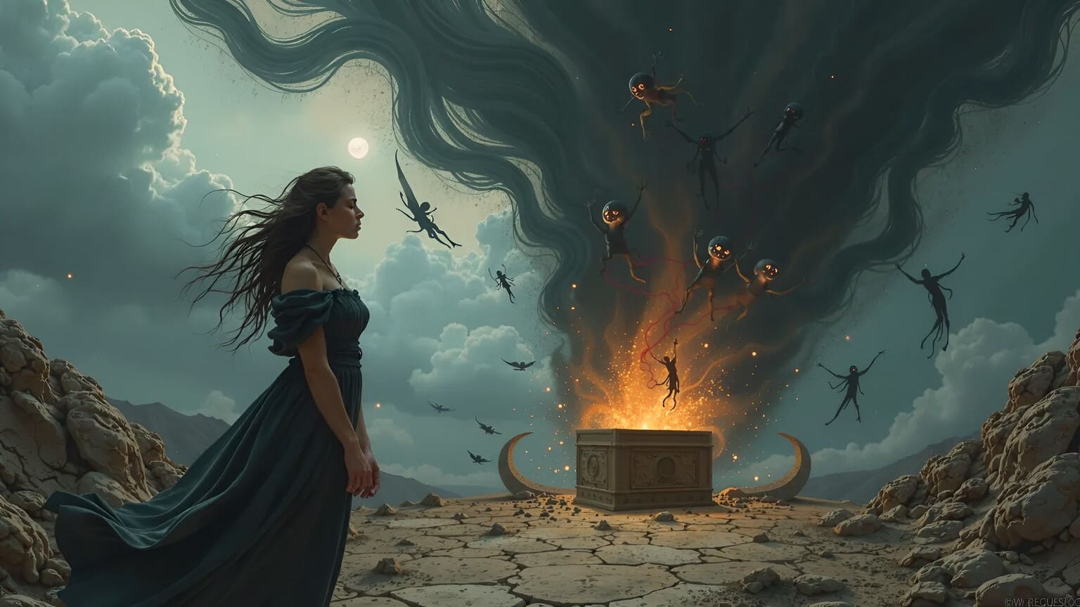 Pandora abrindo a caixa na mitologia grega com males escapando